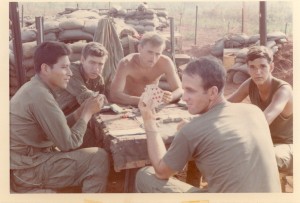 Playing Hearts on Compton. Left to right: Rudy,Ray,Jim,Dorio,Roop. An Loc,Vietnam 1969