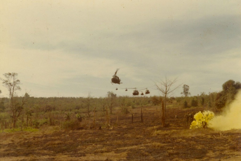 Choppers arrive to pick up grunts. Tay Ninh, Vietnam 1970.