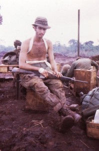 Medic on LZ Ramada after forty-six days in Cambodia. Vietnam, 1970