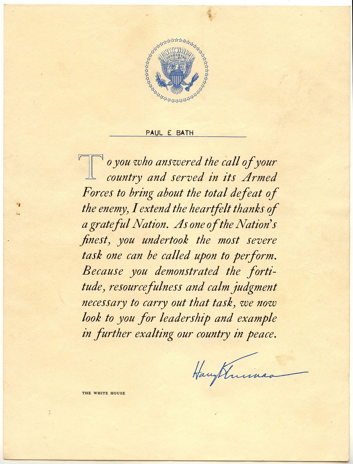 This certificate of appreciate is signed (not a real signature) by President Harry Truman.
