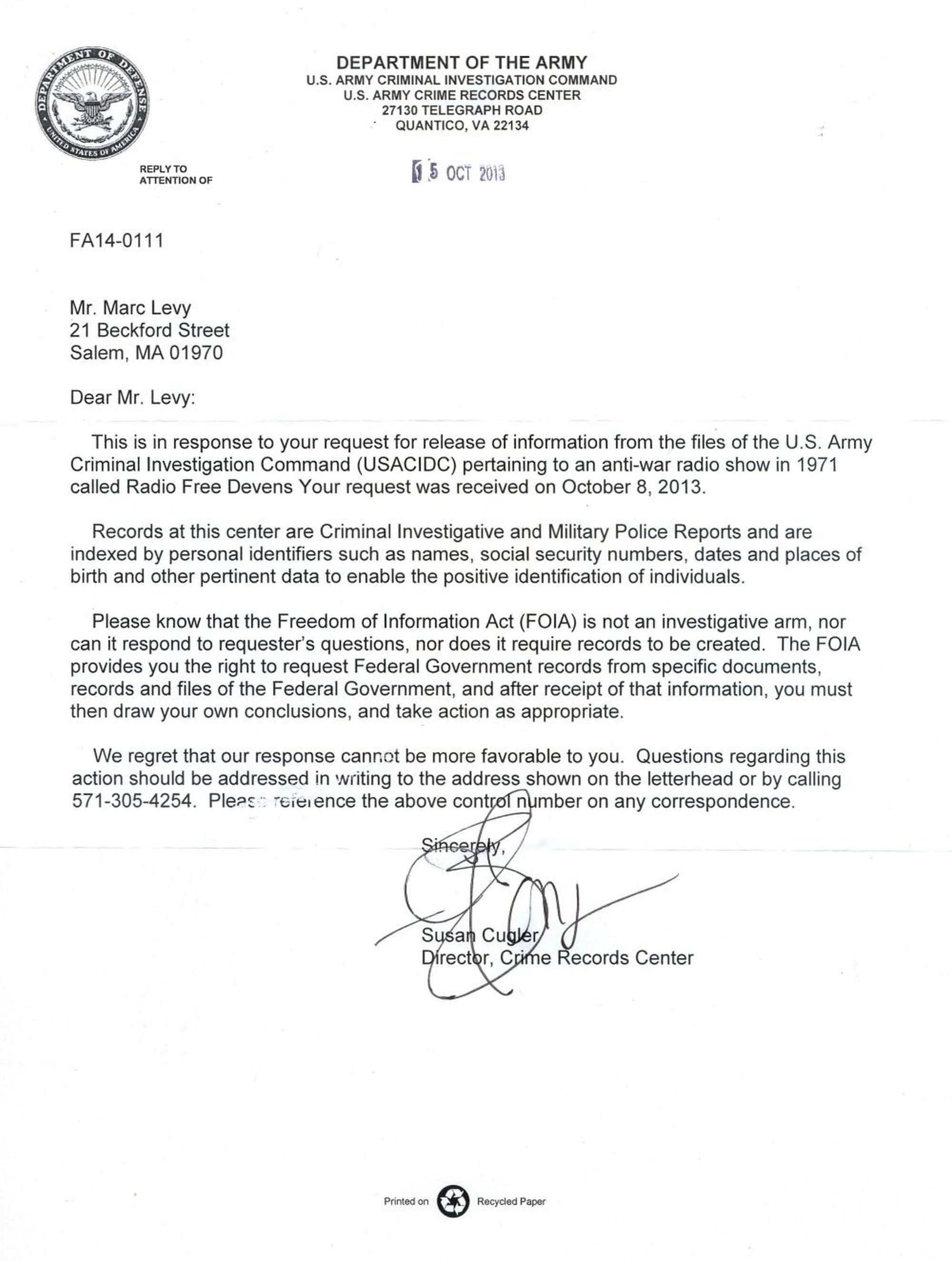 Army CIC letter 2013 in response to FOIA request.