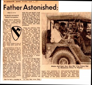News story on Jeff's dad coming to Vietnam. Helen Musgrave, Jacksonville Journal, 1 June 1970