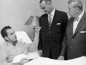 Presidential candidate Richard Nixon is visited at Walter Reed by vice presidential candidate Sen. Lyndon Johnson, and Sen. Everett Dirksen. In 1960 Nixon spent two weeks at Walter Reed recovering from a bacterial staph infection. 